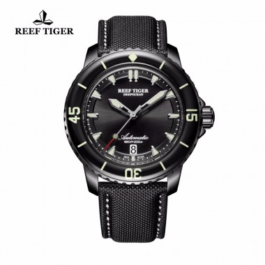 Reef Tiger/RT Super Luminous Automatic Watches for Men Black Steel Nylon Strap Dive Watch with Date RGA3035