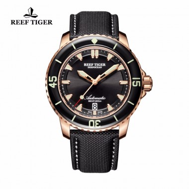 Reef Tiger/RT Mens Dive Watch with Date Super Luminous Automatic Nylon Strap Rose Gold Watches RGA3035