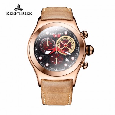 New Reef Tiger/RT Luxury Rose Gold Sport Watches Luminous Skeleton Red Dial Mens Watches RGA782