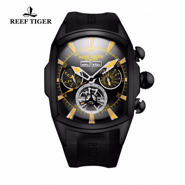 Reef Tiger/RT Casual Sport Watches for Men Black Steel Rubber Strap Luminous Tourbillon Watch Analog Automatic Watches RGA3069
