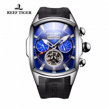 Reef Tiger/RT Designer Sport Watches with Tourbillon Stainless Steel Rubber Strap Blue Dial Automatic Watch RGA3069
