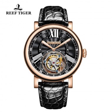 Reef Tiger/RT Luxury Casual Watches for Men Rose Gold Alligator Strap Tourbillon Automatic Watches RGA1999