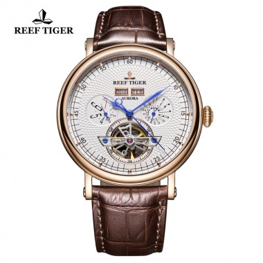 Reef Tiger/RT Top Brand Luxury Tourbillon Watches for Men Functional Watch Brown Leather Strap Automatic Wrist Watch RGA1903