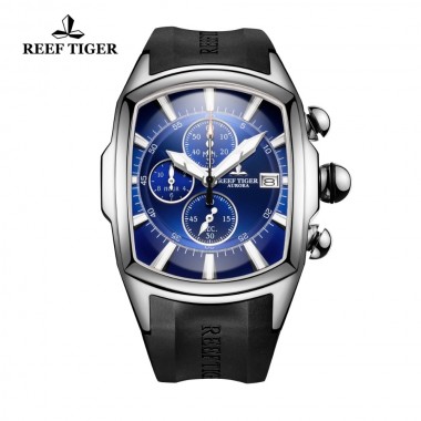Reef Tiger/RT Big Sport Watches with Date Rubber Strap Steel Blue Dial Mens Watch Chronograph Waterproof Watches RGA3069-T