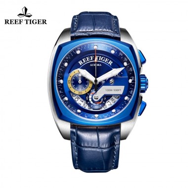 Reef Tiger/RT New Design Blue Sport Watches Leather Band Square Men Watch Waterproof Military Watches Relogio Masculino RGA3363