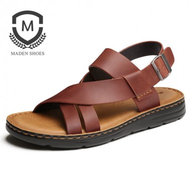 Maden Brand Summer New Mens Sandals Handmade Rome Style Genuine Leather Casual Shoes Top Quality Open toed Fashion Beach Shoes