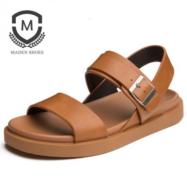 Maden 2018 Summer Metal Button Mens Sandals Genuine Leather Open-toed Solid Beach Shoes Top Quality Breathable Casual Shoe