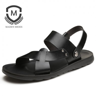 Maden 2018 New Mens Sandals all purpose Genuine Leather Rome Style Flip Flop Breathable Metal Buckle Decoration Shoes