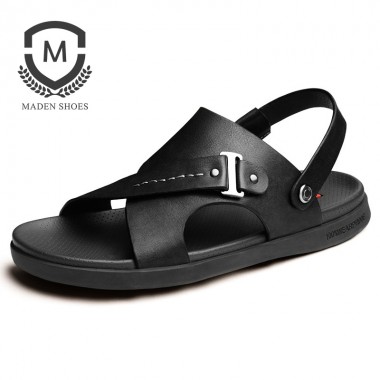 Maden 2018 Summer Ner Hot sale Mens Sandals Genuine Leather Metal buckle Casual Slipper Fashion men Black Beach Shoes