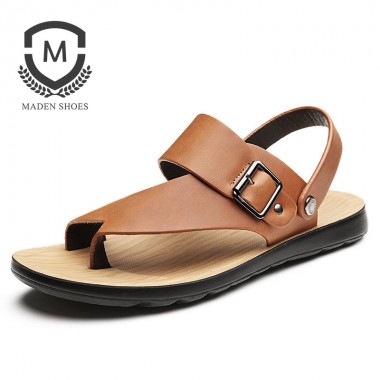 Maden 2018 New Summer Men sandals Genuine Leather Fashion Open toed Flip Flops Quality Breathable Metal Button Beach Shoes