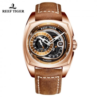 Reef Tiger/RT Top Brand Luxury Men Watch Rose Gold Automatic Watch Brown Sport Watch Waterproof Clock Relogio Masculino RGA3319