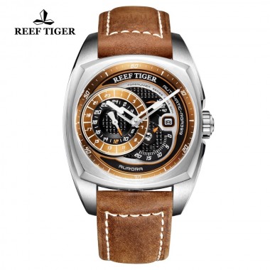 Reef Tiger/RT Fashion Sport Watch Brown Leather Strap Men Watch Waterproof Automatic Watch Relogio Masculino RGA3319