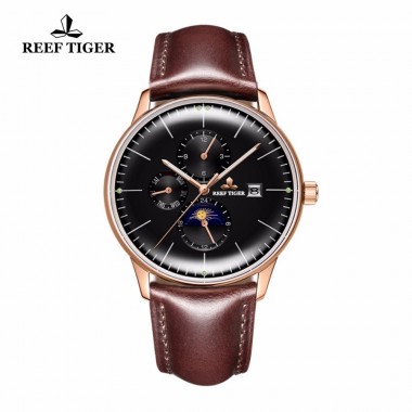 Reef Tiger/RT Luxury Rose Gold Men Watches with Date Day Luminous Automatic Watch Leather Band Moon Phase Watches RGA1653