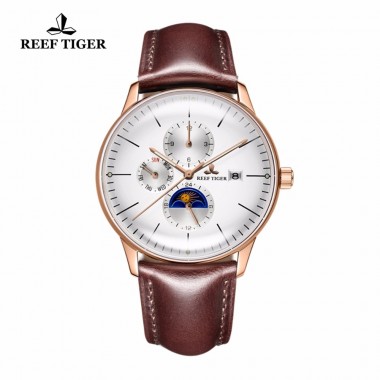 Reef Tiger/RT luxury Brand Men Watch Waterproof Multi-function Brown Leather Strap Automatic Watch Relogio Masculino RGA1653