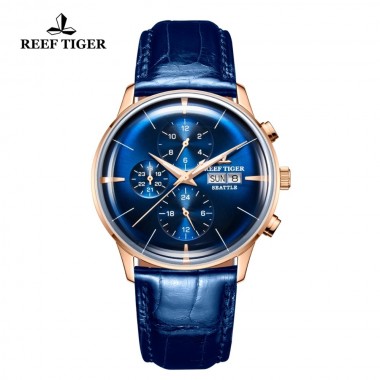 Reef Tiger/RT Luxury Brand Function Men Watch Waterproof Blue Leather Strap Automatic Watches Relogio Masculino RGA1699