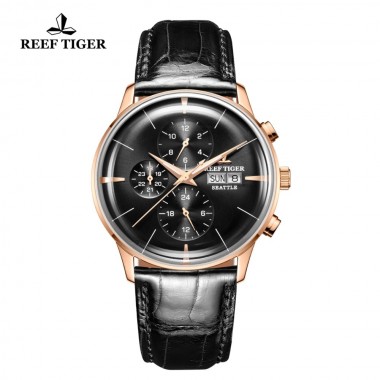 Reef Tiger/RT Luxury Dress Watch Men Multi Function Genuine Leather Strap Rose Gold Business Automatic Watch Date Day RGA1699