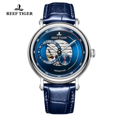 Reef Tiger/RT 2018 Fashion Casual Watch Men Blue Designer Watches Genuine Leather Strap Skeleton Automatic Watch Gift RGA1617