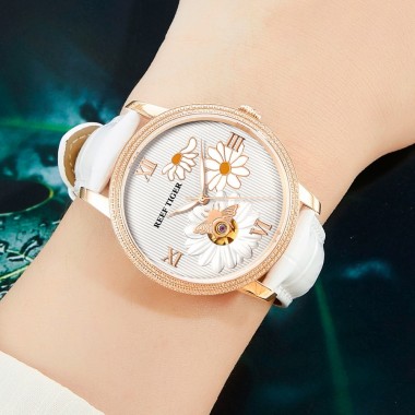 Reef Tiger/RT 2018 New Fashion Women Watch Automatic Watches Leather Strap Rose Gold Diamond Watch Relogio Feminino RGA1585