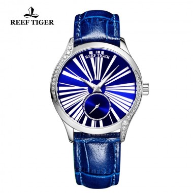 Reef Tiger/RT Ultra Thin Ladies Luxury Watch Blue Dial Leather Strap Automatic Watch Ladies Gifts Clock Relogio Feminino RGA1561