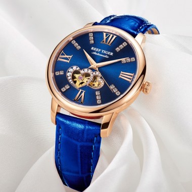 Reef Tiger/RT Luxury Brand Women Watches Steel All Blue Watches Leather Strap Diamond Watches Reloj Mujer 2018 RGA1580