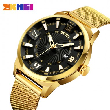 SKMEI Luxury Men's Quartz Wristwatches Waterproof Quartz Analog Watch for Man Fashion Business Gold Stainless Steel Clock SK9166