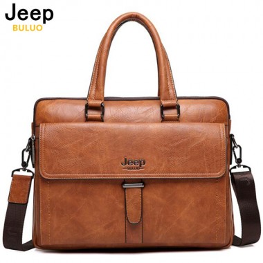 JEEP BULUO Brand Men Tote Casual Briefcase Business Shoulder Bag Brown Leather High Quality Messenger Bags 14