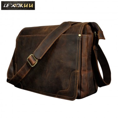 Crazy Horse Leather Men Fashion Casual Laptop Weekend One Shoulder Bag Design Messenger Crossbody Bag School Book Bag 2088