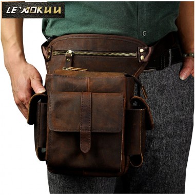 Real Leather Men Design Casual Messenger Crossbody Sling Bag Multifunction Fashion Waist Belt Pack Leg Drop Bag Pad Pouch 913-5