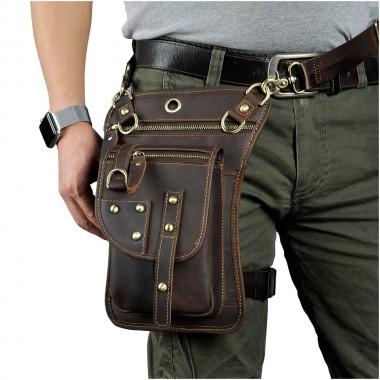 Real Leather Multifunction Men One Shoulder Crossbody Messenger Bag Hook Waist Pack Phone Cigarette Case Drop Leg Bag 2141