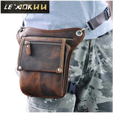 Cowhide Real Leather Men Retro Fashion Small Shoulder Messenger Sling Bag Design Waist Belt Pack Phone Pouch Drop Leg Bag 211-4