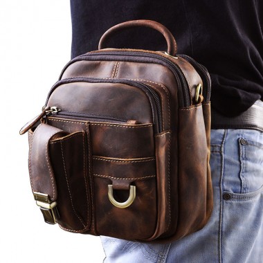 New Top Quality Genuine Real Leather Cowhide men vintage Brown Small Messenger Belt Bag Waist Pack 5