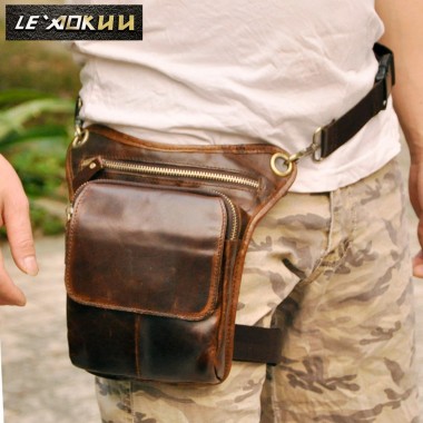 Real Leather Men Design Casual Messenger Shoulder Sling Bag Fashion Multifunction Waist Belt Pack Drop Leg Bag Pouch 211-1c